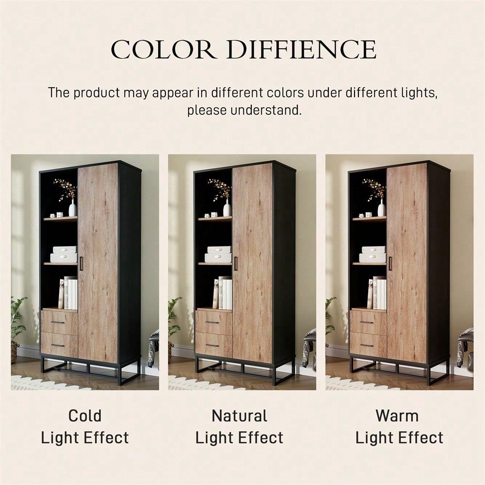 Moderner Highboard Schrank 80x40x180 cm – Holzoptik mit schwarzem Rahmen, mit Tür, 2 Schubladen & 3 offenen Fächern – Vielseitiger Stauraum für Wohnzimmer, Büro & Flur