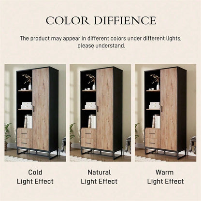 Moderner Highboard Schrank 80x40x180 cm – Holzoptik mit schwarzem Rahmen, mit Tür, 2 Schubladen & 3 offenen Fächern – Vielseitiger Stauraum für Wohnzimmer, Büro & Flur