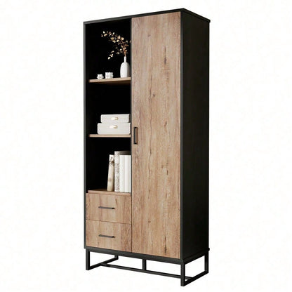 Moderner Highboard Schrank 80x40x180 cm – Holzoptik mit schwarzem Rahmen, mit Tür, 2 Schubladen & 3 offenen Fächern – Vielseitiger Stauraum für Wohnzimmer, Büro & Flur