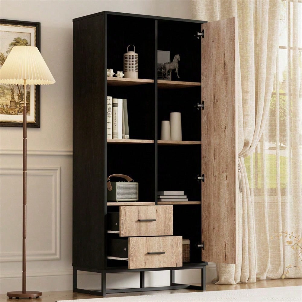 Moderner Highboard Schrank 80x40x180 cm – Holzoptik mit schwarzem Rahmen, mit Tür, 2 Schubladen & 3 offenen Fächern – Vielseitiger Stauraum für Wohnzimmer, Büro & Flur