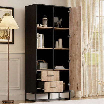 Moderner Highboard Schrank 80x40x180 cm – Holzoptik mit schwarzem Rahmen, mit Tür, 2 Schubladen & 3 offenen Fächern – Vielseitiger Stauraum für Wohnzimmer, Büro & Flur