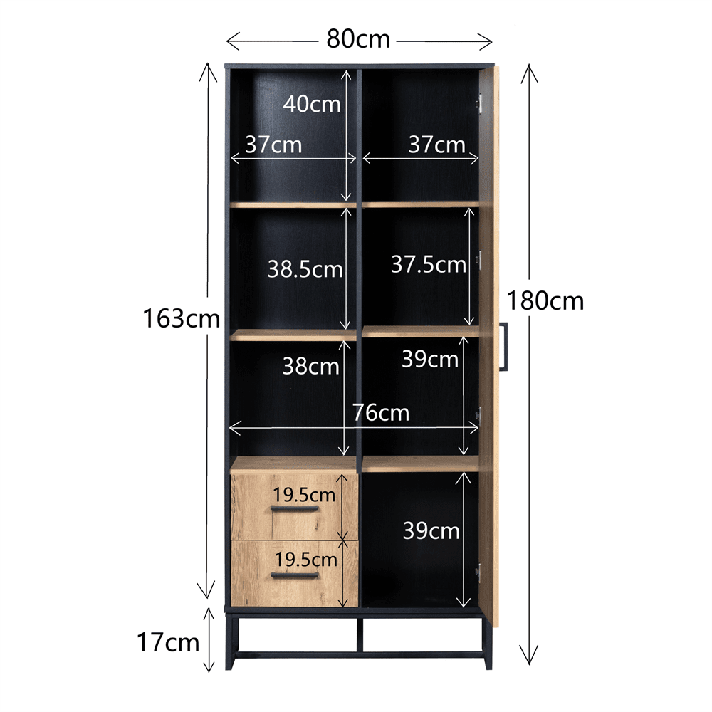 Moderner Highboard Schrank 80x40x180 cm – Holzoptik mit schwarzem Rahmen, mit Tür, 2 Schubladen & 3 offenen Fächern – Vielseitiger Stauraum für Wohnzimmer, Büro & Flur