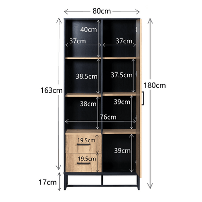 Moderner Highboard Schrank 80x40x180 cm – Holzoptik mit schwarzem Rahmen, mit Tür, 2 Schubladen & 3 offenen Fächern – Vielseitiger Stauraum für Wohnzimmer, Büro & Flur
