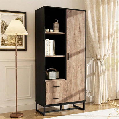 Moderner Highboard Schrank 80x40x180 cm – Holzoptik mit schwarzem Rahmen, mit Tür, 2 Schubladen & 3 offenen Fächern – Vielseitiger Stauraum für Wohnzimmer, Büro & Flur