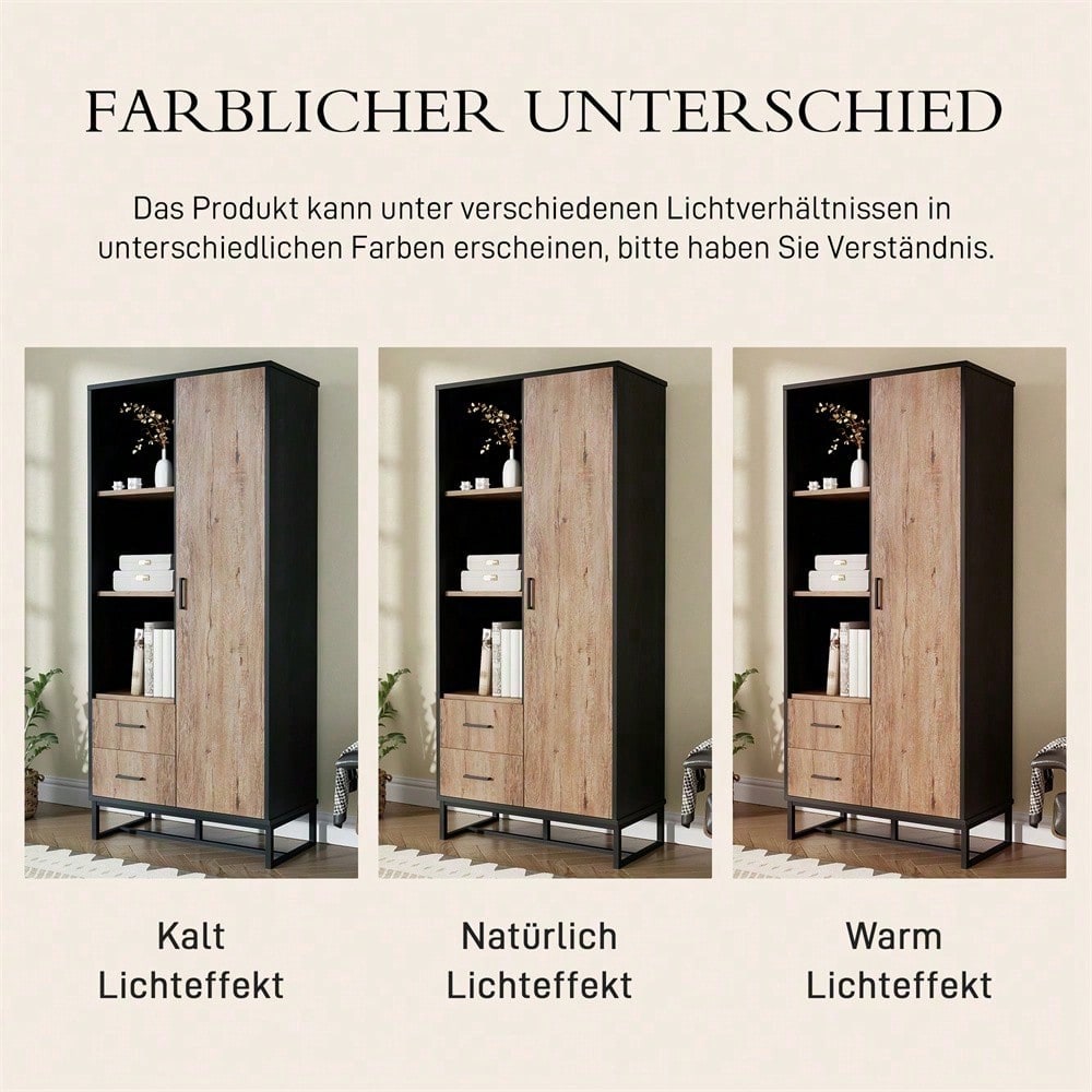 Moderner Highboard Schrank 80x40x180 cm – Holzoptik mit schwarzem Rahmen, mit Tür, 2 Schubladen & 3 offenen Fächern – Vielseitiger Stauraum für Wohnzimmer, Büro & Flur