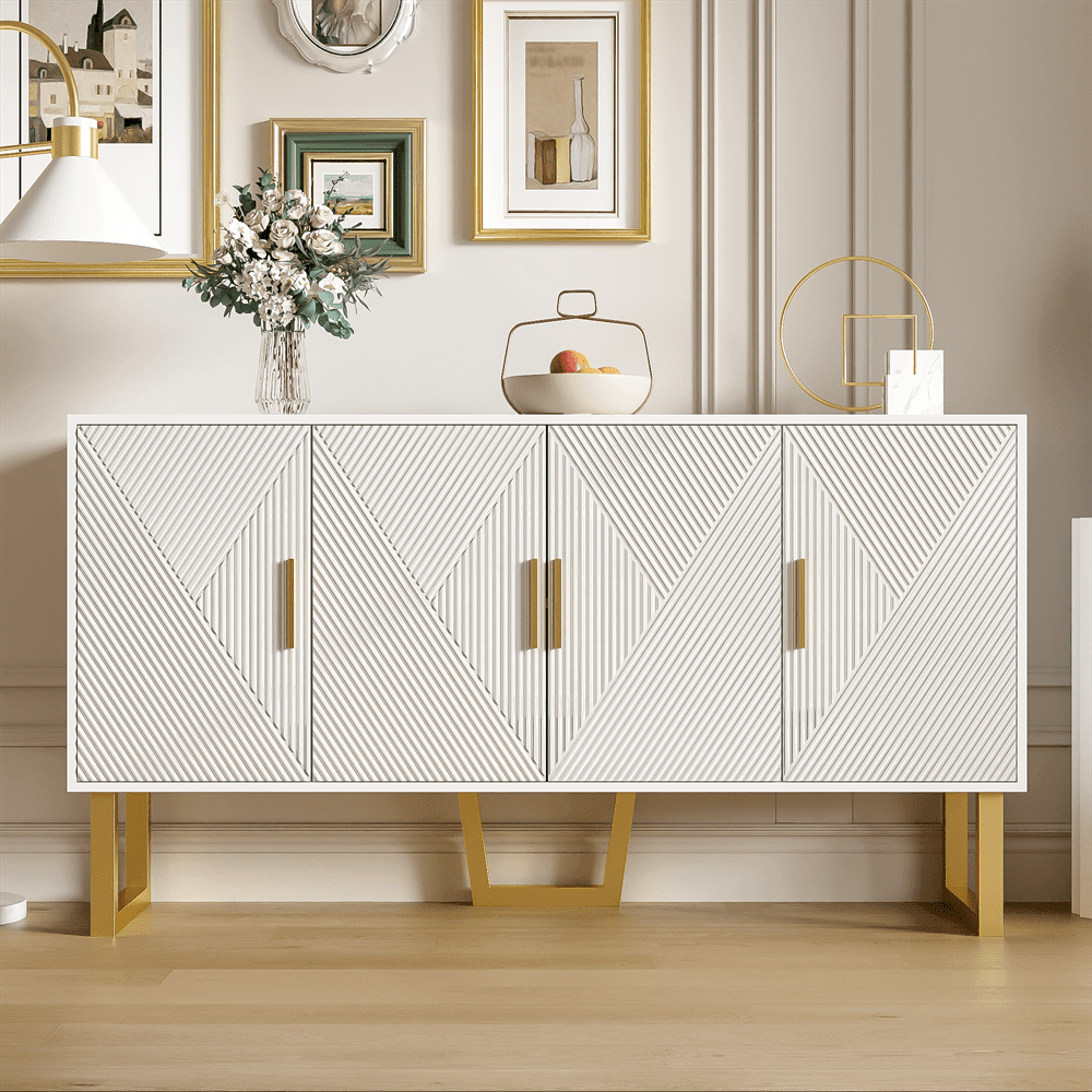 150cm moderner, luxuriöser weißer Sideboard mit hochglänzenden strukturierten Türen und goldenen Griffen, 4-Türen-Design, höhenverstellbare Regale