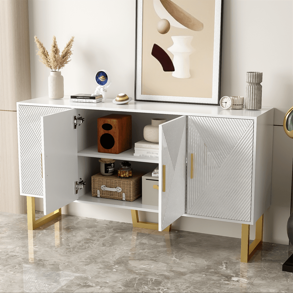 150cm moderner, luxuriöser weißer Sideboard mit hochglänzenden strukturierten Türen und goldenen Griffen, 4-Türen-Design, höhenverstellbare Regale