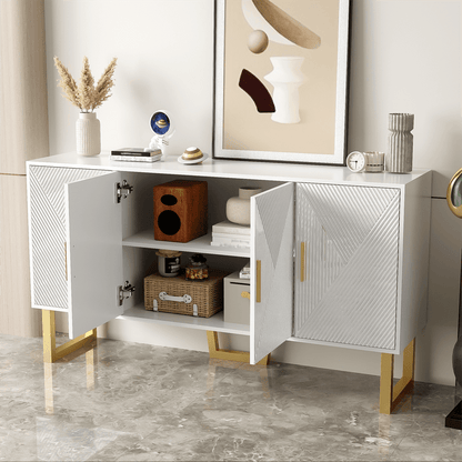 150cm moderner, luxuriöser weißer Sideboard mit hochglänzenden strukturierten Türen und goldenen Griffen, 4-Türen-Design, höhenverstellbare Regale