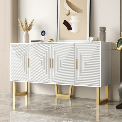 150cm moderner, luxuriöser weißer Sideboard mit hochglänzenden strukturierten Türen und goldenen Griffen, 4-Türen-Design, höhenverstellbare Regale