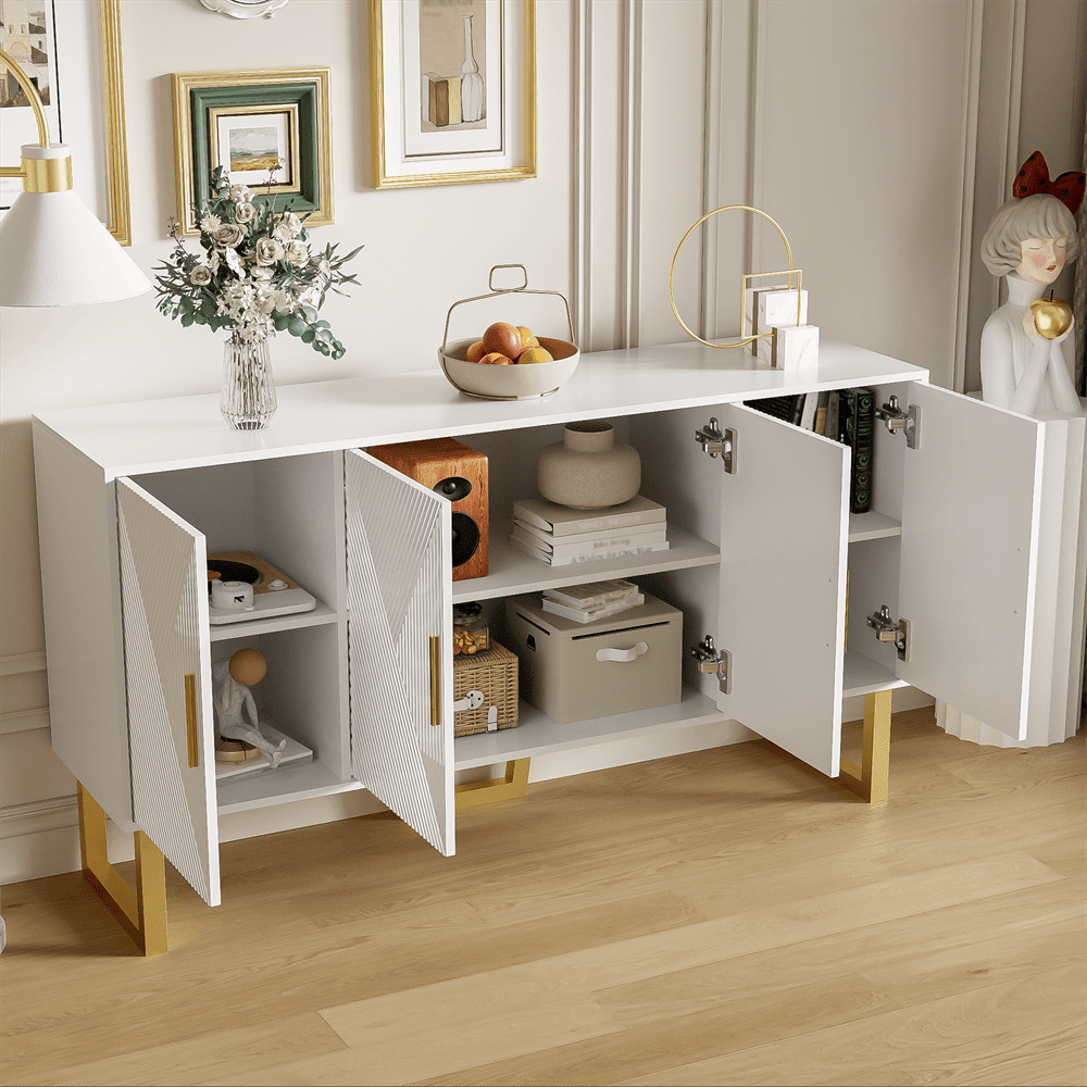 150cm moderner, luxuriöser weißer Sideboard mit hochglänzenden strukturierten Türen und goldenen Griffen, 4-Türen-Design, höhenverstellbare Regale
