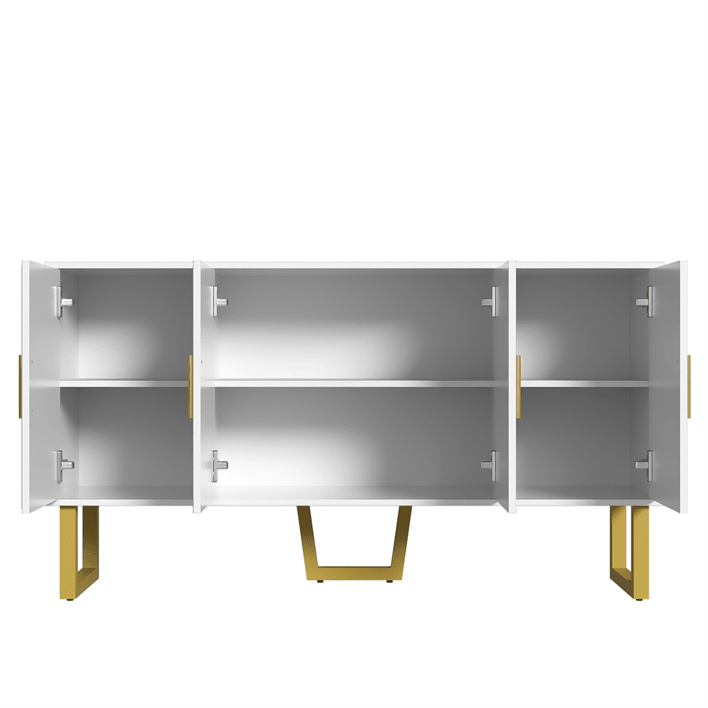 150cm moderner, luxuriöser weißer Sideboard mit hochglänzenden strukturierten Türen und goldenen Griffen, 4-Türen-Design, höhenverstellbare Regale