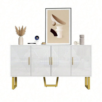 150cm moderner, luxuriöser weißer Sideboard mit hochglänzenden strukturierten Türen und goldenen Griffen, 4-Türen-Design, höhenverstellbare Regale