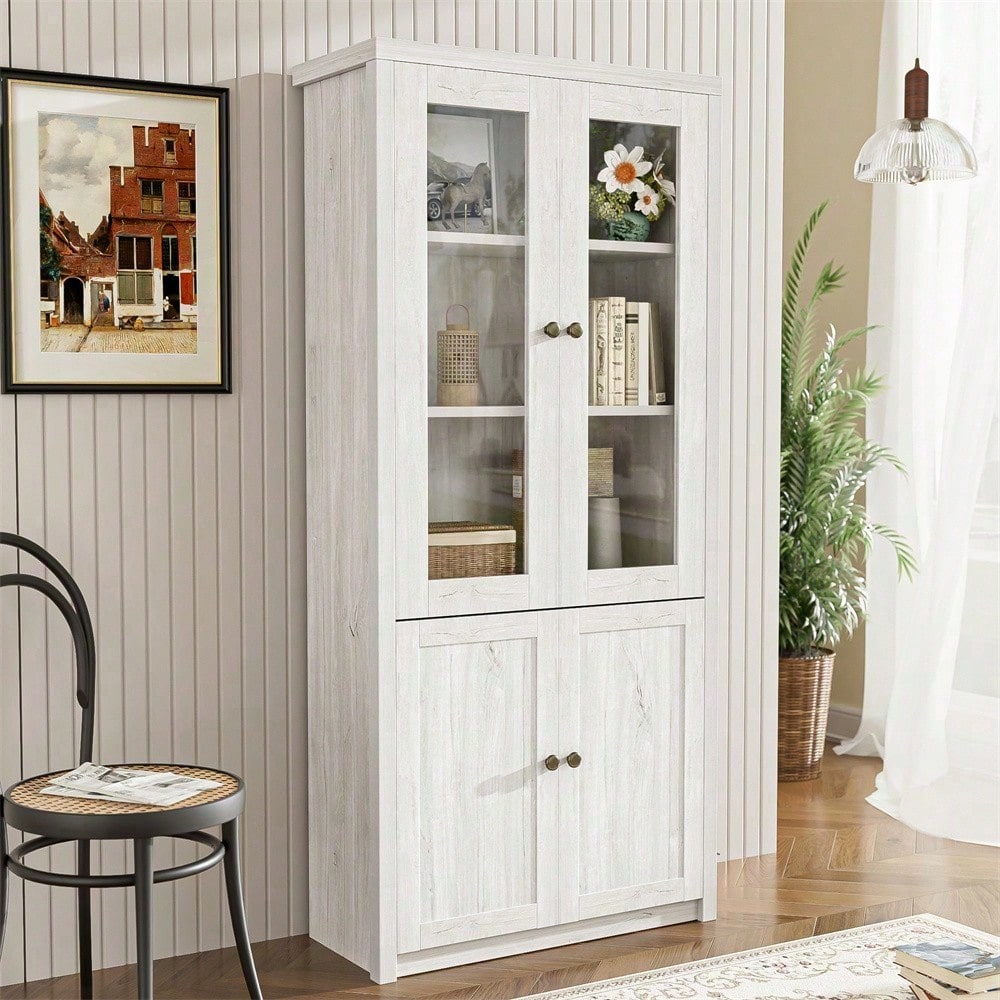 Moderner Hochschrank 80x34x171 cm – Holzoptik mit Glastüren, 2 Holztüren und Kupfergriffen – Stilvoller Stauraum für Wohnzimmer, Büro und Flur
