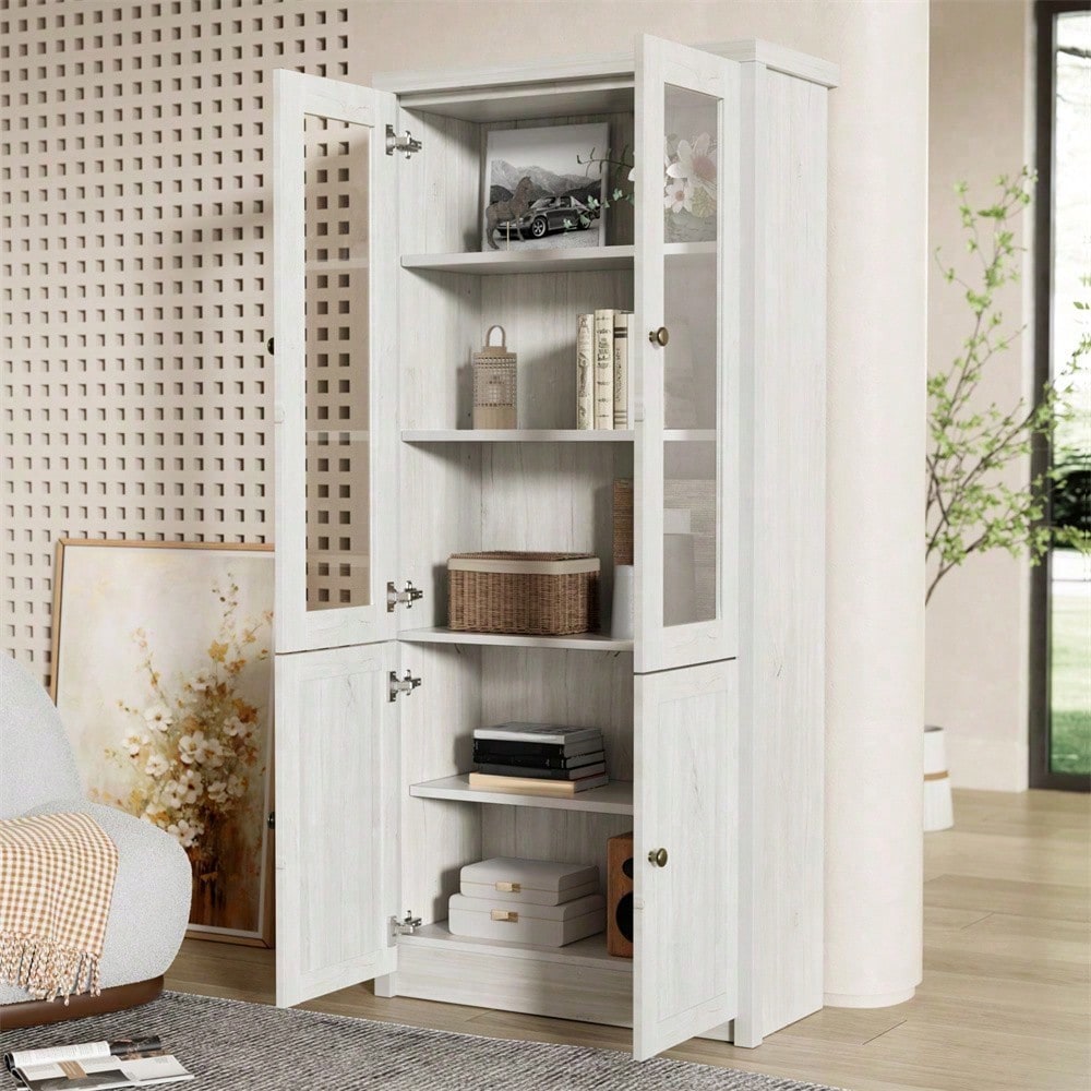 Moderner Hochschrank 80x34x171 cm – Holzoptik mit Glastüren, 2 Holztüren und Kupfergriffen – Stilvoller Stauraum für Wohnzimmer, Büro und Flur