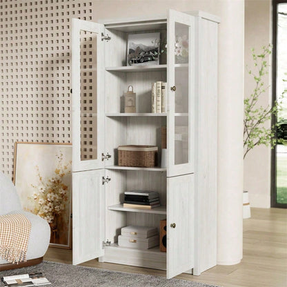 Moderner Hochschrank 80x34x171 cm – Holzoptik mit Glastüren, 2 Holztüren und Kupfergriffen – Stilvoller Stauraum für Wohnzimmer, Büro und Flur