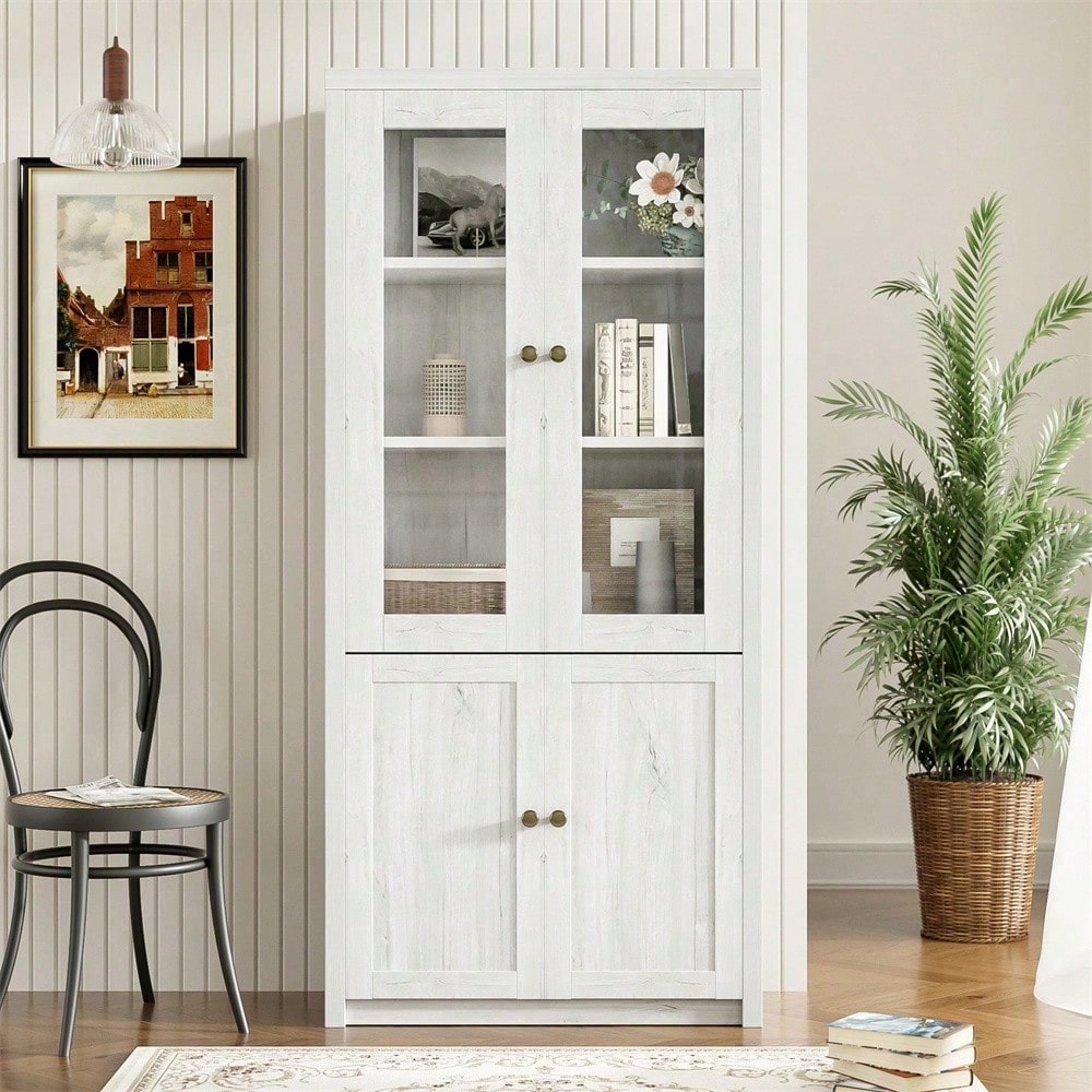 Moderner Hochschrank 80x34x171 cm – Holzoptik mit Glastüren, 2 Holztüren und Kupfergriffen – Stilvoller Stauraum für Wohnzimmer, Büro und Flur