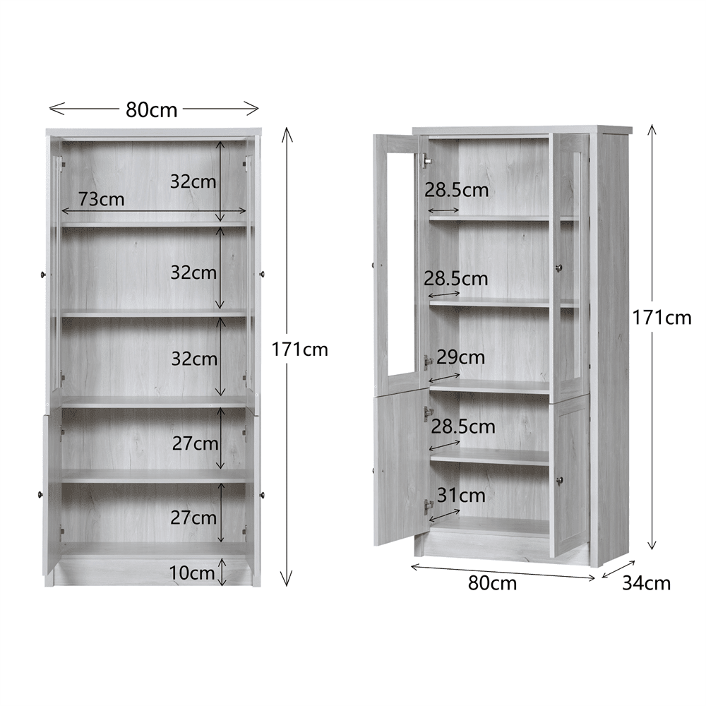 Moderner Hochschrank 80x34x171 cm – Holzoptik mit Glastüren, 2 Holztüren und Kupfergriffen – Stilvoller Stauraum für Wohnzimmer, Büro und Flur