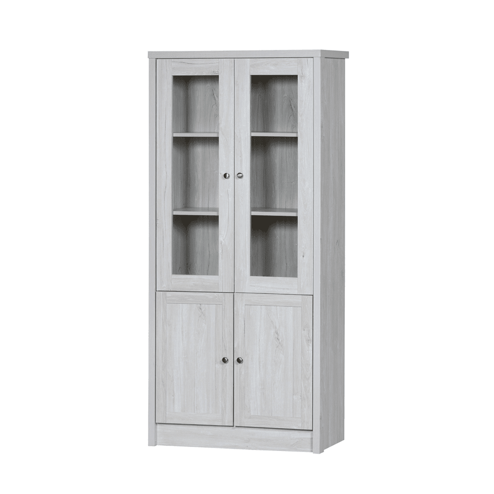 Moderner Hochschrank 80x34x171 cm – Holzoptik mit Glastüren, 2 Holztüren und Kupfergriffen – Stilvoller Stauraum für Wohnzimmer, Büro und Flur