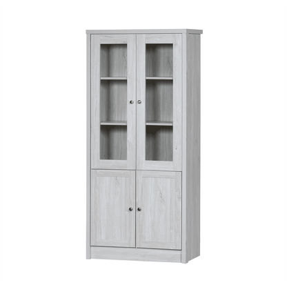 Moderner Hochschrank 80x34x171 cm – Holzoptik mit Glastüren, 2 Holztüren und Kupfergriffen – Stilvoller Stauraum für Wohnzimmer, Büro und Flur