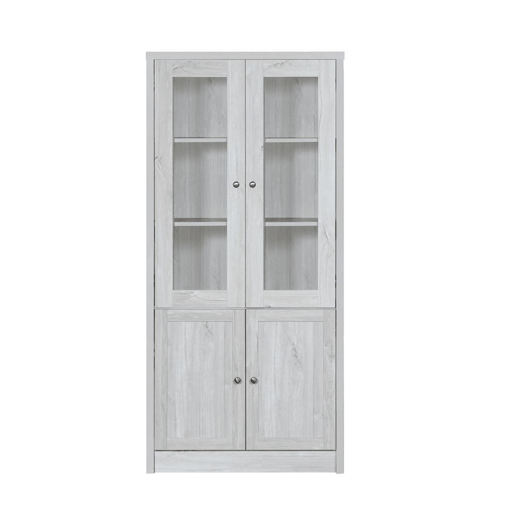 Moderner Hochschrank 80x34x171 cm – Holzoptik mit Glastüren, 2 Holztüren und Kupfergriffen – Stilvoller Stauraum für Wohnzimmer, Büro und Flur