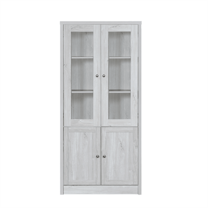 Moderner Hochschrank 80x34x171 cm – Holzoptik mit Glastüren, 2 Holztüren und Kupfergriffen – Stilvoller Stauraum für Wohnzimmer, Büro und Flur