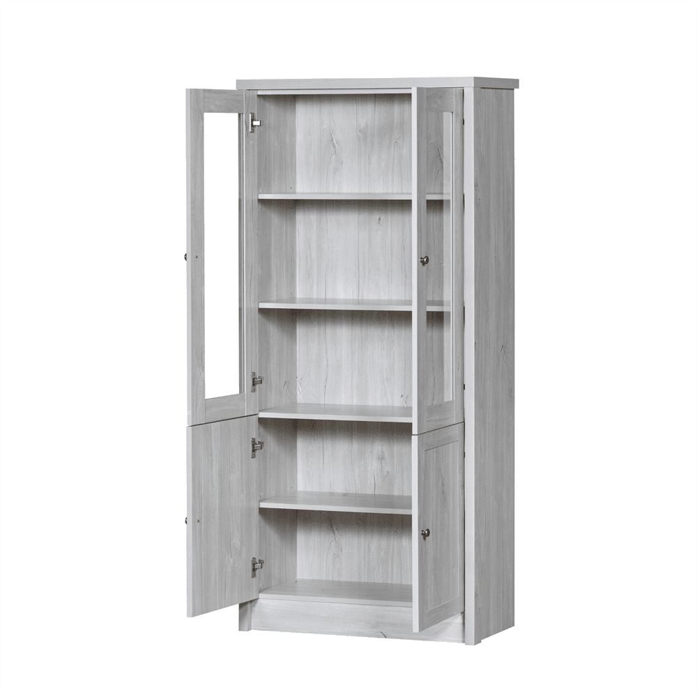 Moderner Hochschrank 80x34x171 cm – Holzoptik mit Glastüren, 2 Holztüren und Kupfergriffen – Stilvoller Stauraum für Wohnzimmer, Büro und Flur