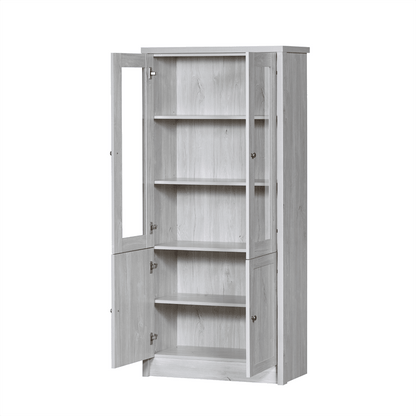 Moderner Hochschrank 80x34x171 cm – Holzoptik mit Glastüren, 2 Holztüren und Kupfergriffen – Stilvoller Stauraum für Wohnzimmer, Büro und Flur