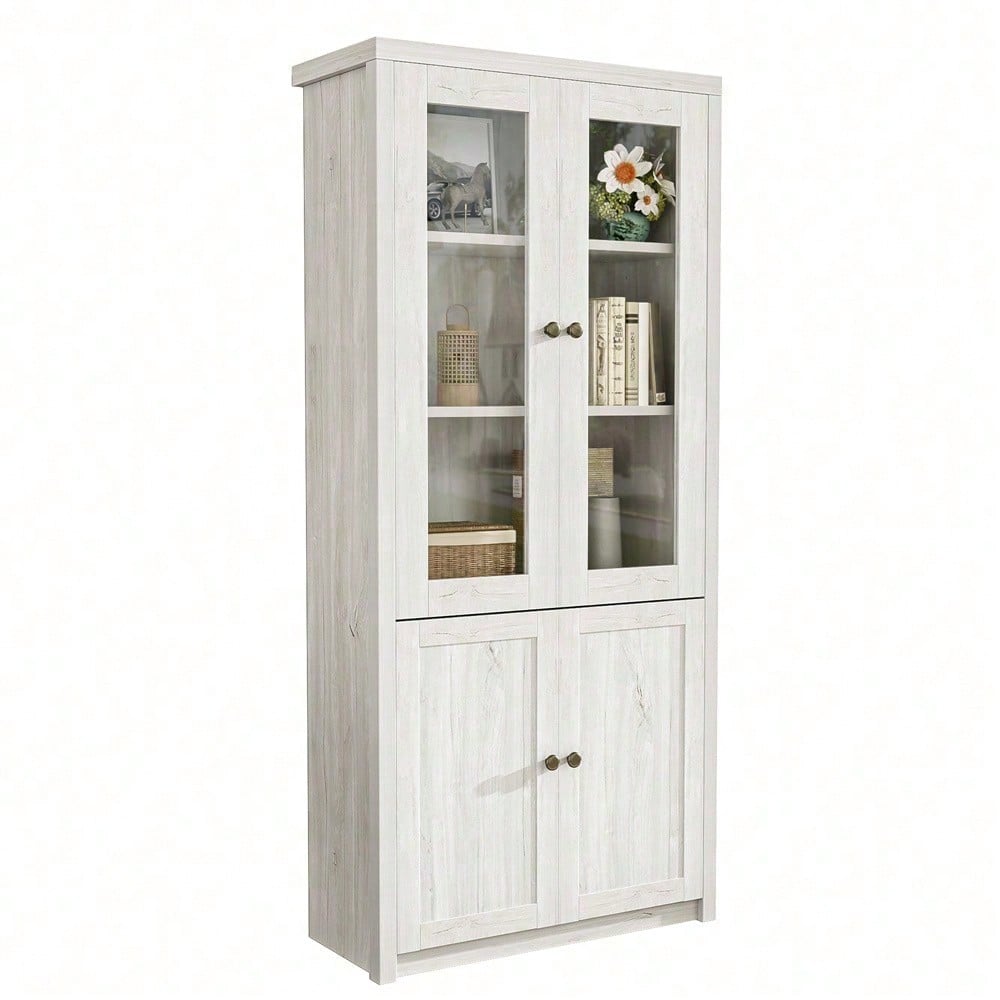 Moderner Hochschrank 80x34x171 cm – Holzoptik mit Glastüren, 2 Holztüren und Kupfergriffen – Stilvoller Stauraum für Wohnzimmer, Büro und Flur