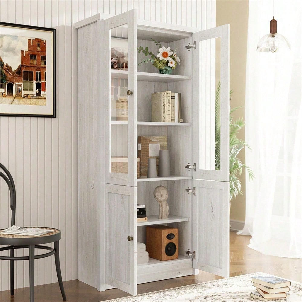 Moderner Hochschrank 80x34x171 cm – Holzoptik mit Glastüren, 2 Holztüren und Kupfergriffen – Stilvoller Stauraum für Wohnzimmer, Büro und Flur