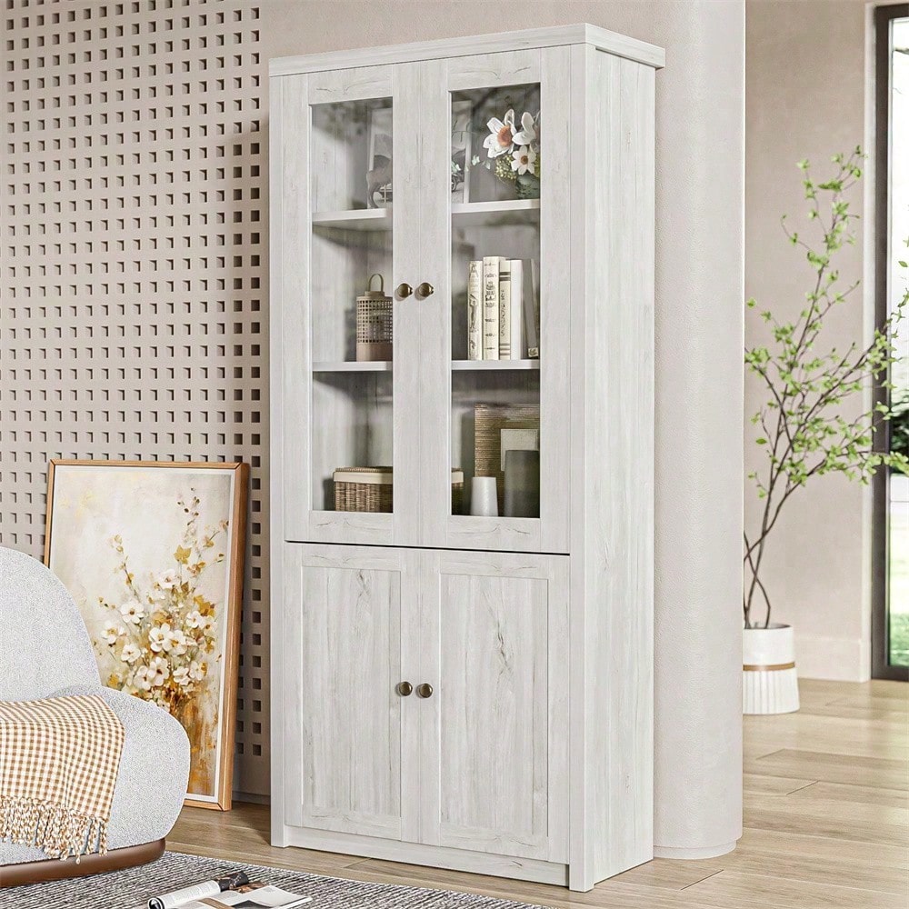 Moderner Hochschrank 80x34x171 cm – Holzoptik mit Glastüren, 2 Holztüren und Kupfergriffen – Stilvoller Stauraum für Wohnzimmer, Büro und Flur