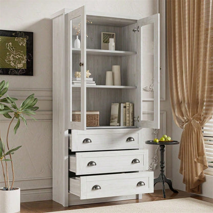 Moderner Highboard Schrank 80x34x171 cm – Holzoptik mit Glastüren, 3 Schubladen & Kupfergriffen – Stilvoller Stauraum für Wohnzimmer, Büro & Flur