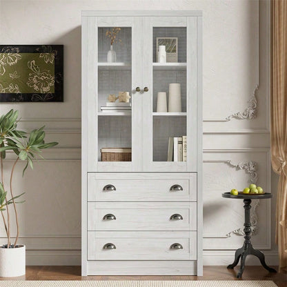 Moderner Highboard Schrank 80x34x171 cm – Holzoptik mit Glastüren, 3 Schubladen & Kupfergriffen – Stilvoller Stauraum für Wohnzimmer, Büro & Flur