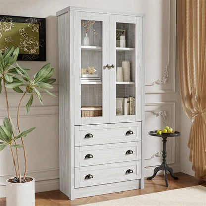 Moderner Highboard Schrank 80x34x171 cm – Holzoptik mit Glastüren, 3 Schubladen & Kupfergriffen – Stilvoller Stauraum für Wohnzimmer, Büro & Flur