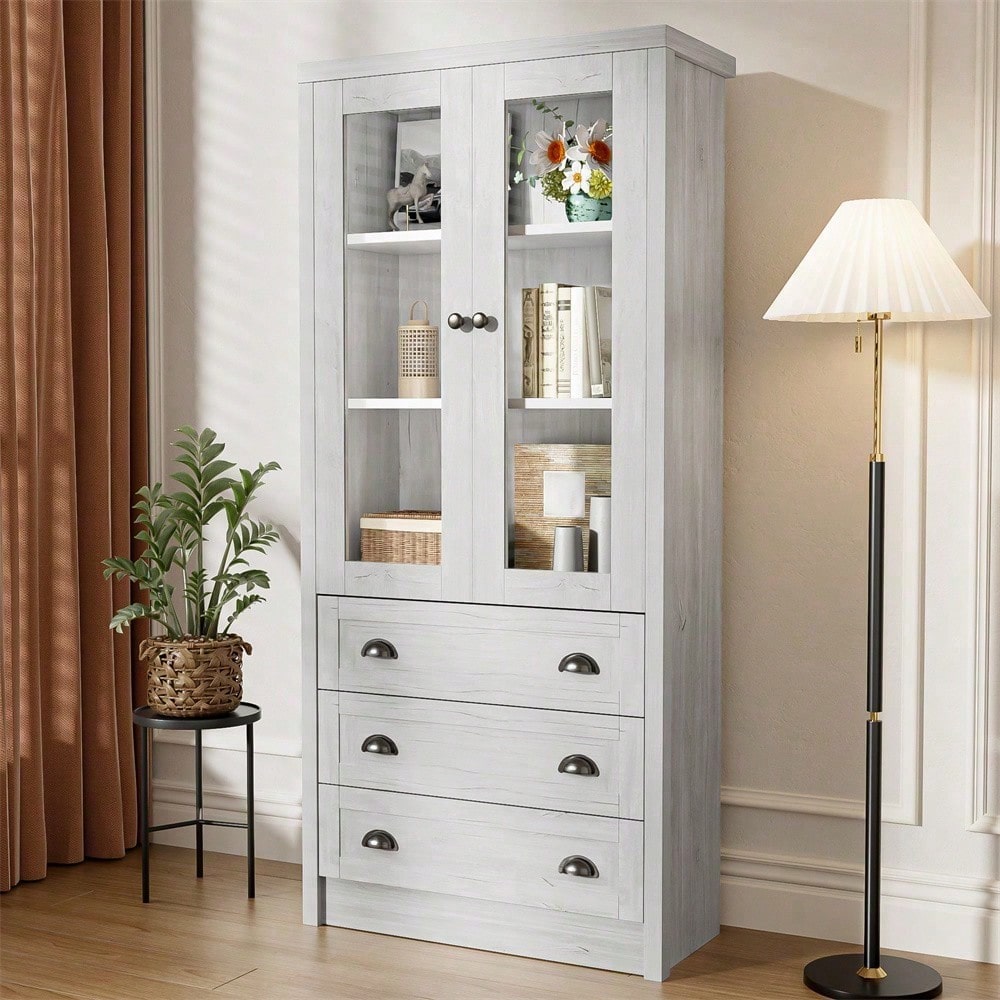 Moderner Highboard Schrank 80x34x171 cm – Holzoptik mit Glastüren, 3 Schubladen & Kupfergriffen – Stilvoller Stauraum für Wohnzimmer, Büro & Flur