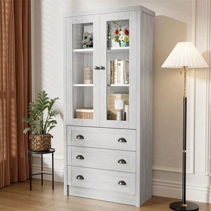 Moderner Highboard Schrank 80x34x171 cm – Holzoptik mit Glastüren, 3 Schubladen & Kupfergriffen – Stilvoller Stauraum für Wohnzimmer, Büro & Flur
