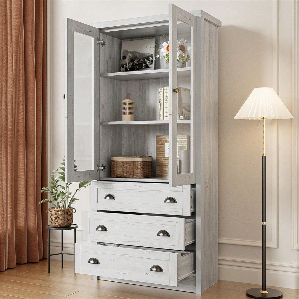 Moderner Highboard Schrank 80x34x171 cm – Holzoptik mit Glastüren, 3 Schubladen & Kupfergriffen – Stilvoller Stauraum für Wohnzimmer, Büro & Flur