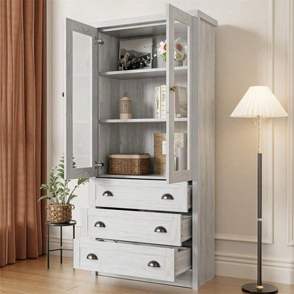 Moderner Highboard Schrank 80x34x171 cm – Holzoptik mit Glastüren, 3 Schubladen & Kupfergriffen – Stilvoller Stauraum für Wohnzimmer, Büro & Flur