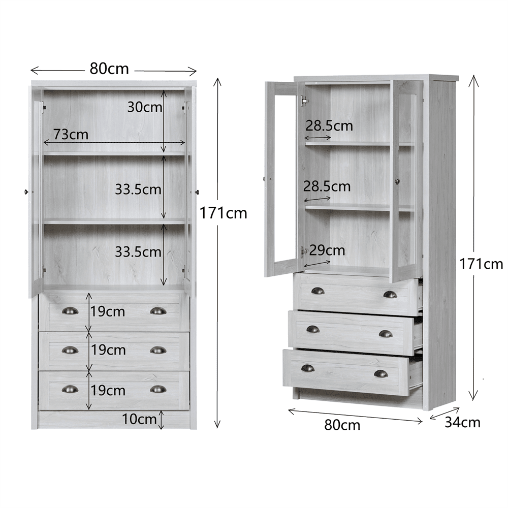Moderner Highboard Schrank 80x34x171 cm – Holzoptik mit Glastüren, 3 Schubladen & Kupfergriffen – Stilvoller Stauraum für Wohnzimmer, Büro & Flur