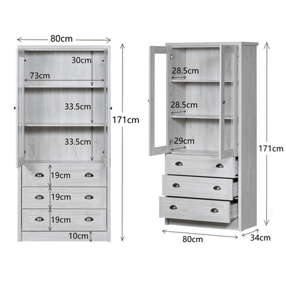 Moderner Highboard Schrank 80x34x171 cm – Holzoptik mit Glastüren, 3 Schubladen & Kupfergriffen – Stilvoller Stauraum für Wohnzimmer, Büro & Flur