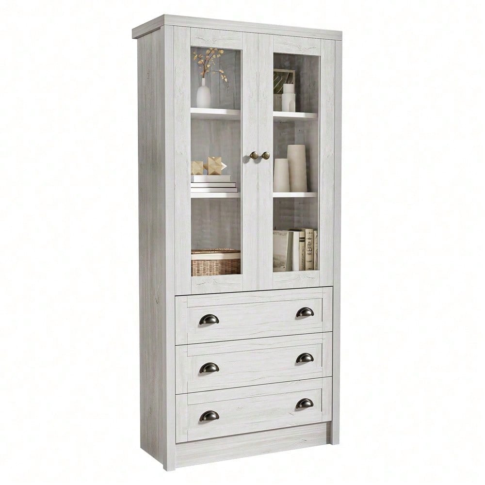 Moderner Highboard Schrank 80x34x171 cm – Holzoptik mit Glastüren, 3 Schubladen & Kupfergriffen – Stilvoller Stauraum für Wohnzimmer, Büro & Flur
