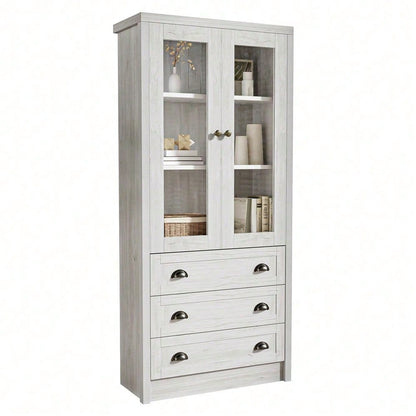 Moderner Highboard Schrank 80x34x171 cm – Holzoptik mit Glastüren, 3 Schubladen & Kupfergriffen – Stilvoller Stauraum für Wohnzimmer, Büro & Flur