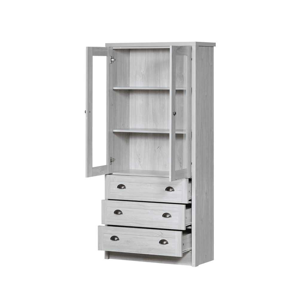 Moderner Highboard Schrank 80x34x171 cm – Holzoptik mit Glastüren, 3 Schubladen & Kupfergriffen – Stilvoller Stauraum für Wohnzimmer, Büro & Flur