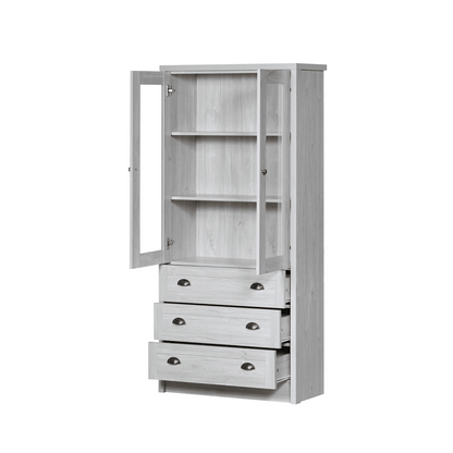 Moderner Highboard Schrank 80x34x171 cm – Holzoptik mit Glastüren, 3 Schubladen & Kupfergriffen – Stilvoller Stauraum für Wohnzimmer, Büro & Flur