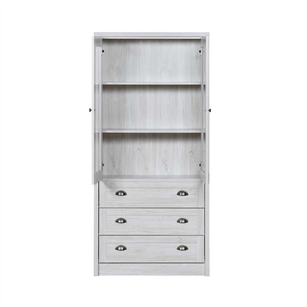 Moderner Highboard Schrank 80x34x171 cm – Holzoptik mit Glastüren, 3 Schubladen & Kupfergriffen – Stilvoller Stauraum für Wohnzimmer, Büro & Flur