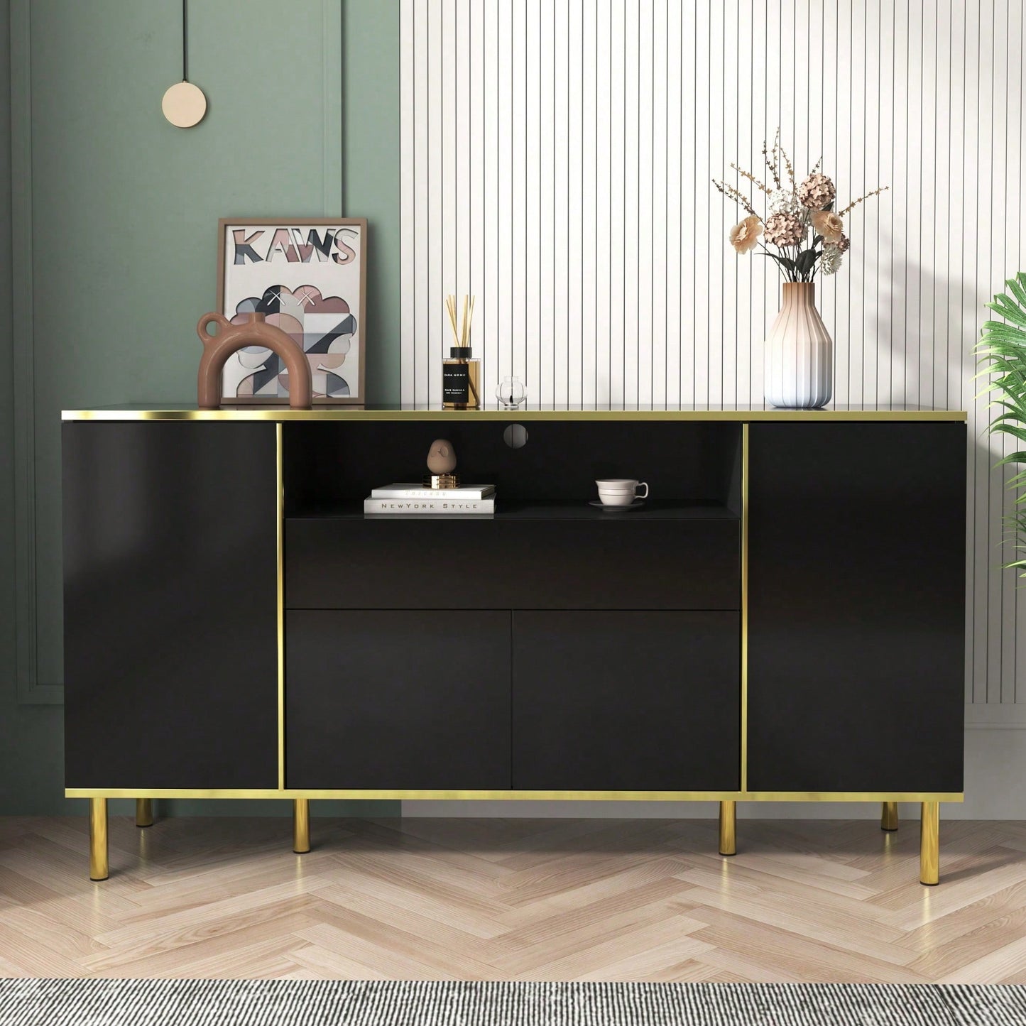 Sideboard, hochglänzende schwarze Kommode mit 1 Schublade, Kommode, Schlafzimmerkommode, hochglänzendes schwarzes Sideboard – B150/T40/H80cm