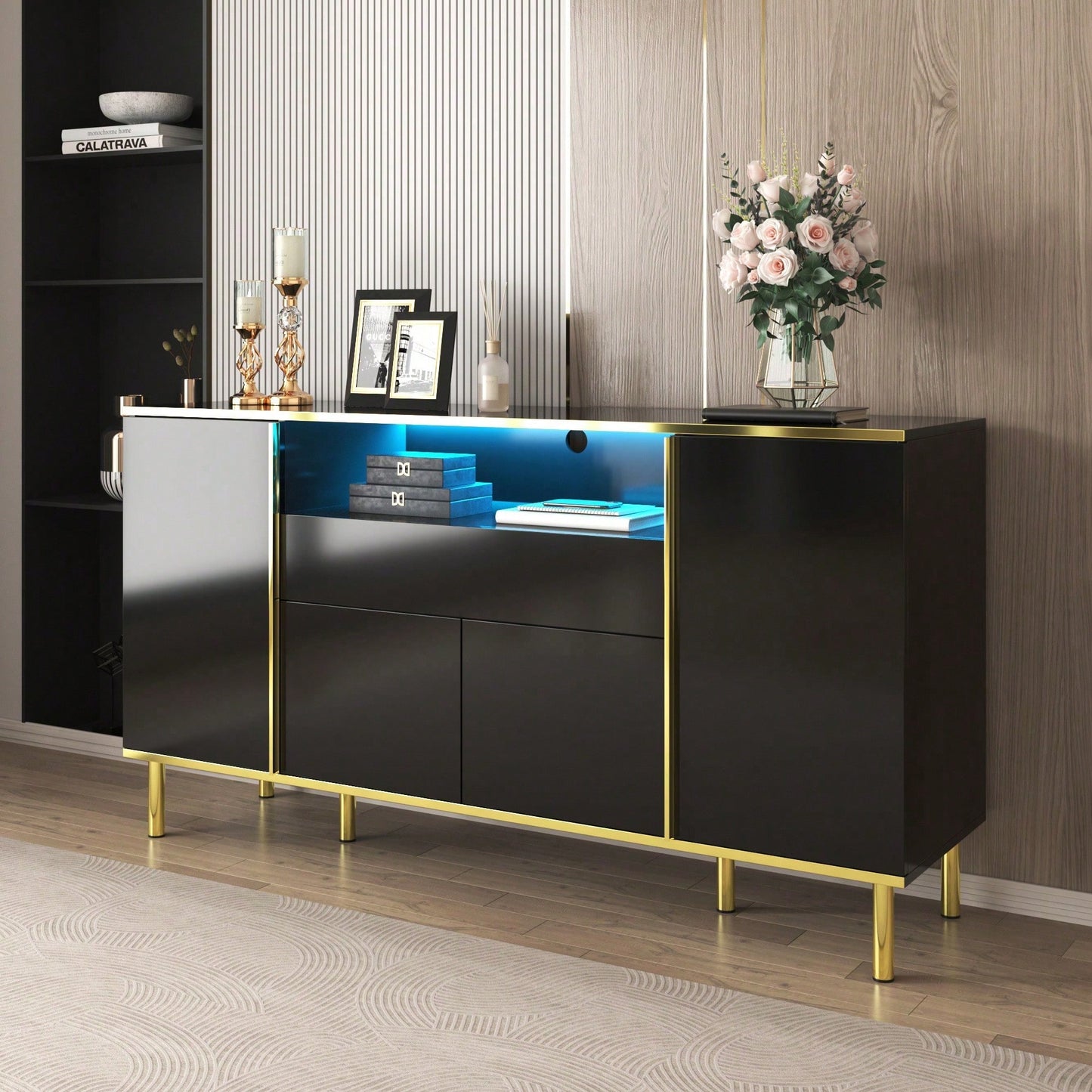 Sideboard, hochglänzende schwarze Kommode mit 1 Schublade, Kommode, Schlafzimmerkommode, hochglänzendes schwarzes Sideboard – B150/T40/H80cm