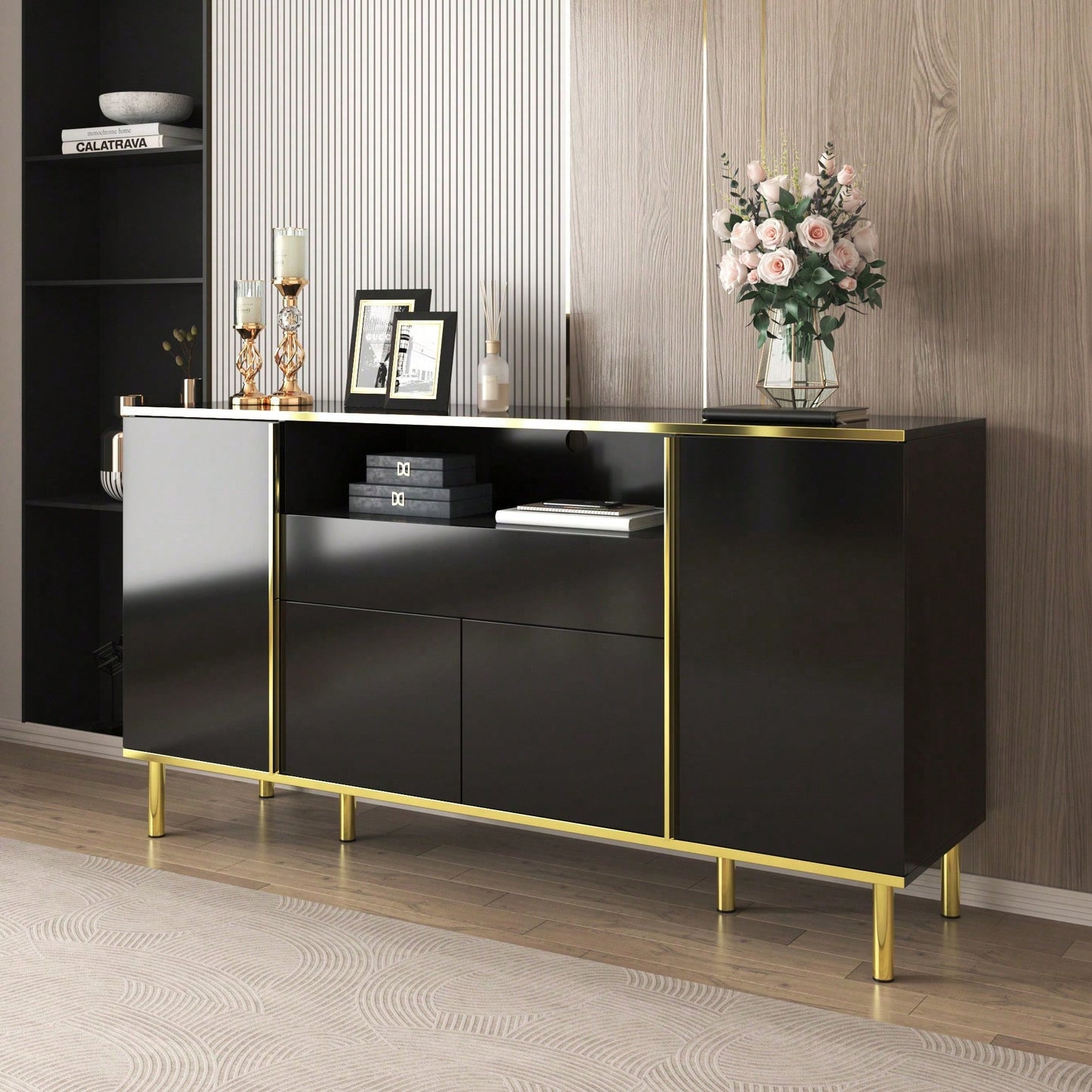 Sideboard, hochglänzende schwarze Kommode mit 1 Schublade, Kommode, Schlafzimmerkommode, hochglänzendes schwarzes Sideboard – B150/T40/H80cm