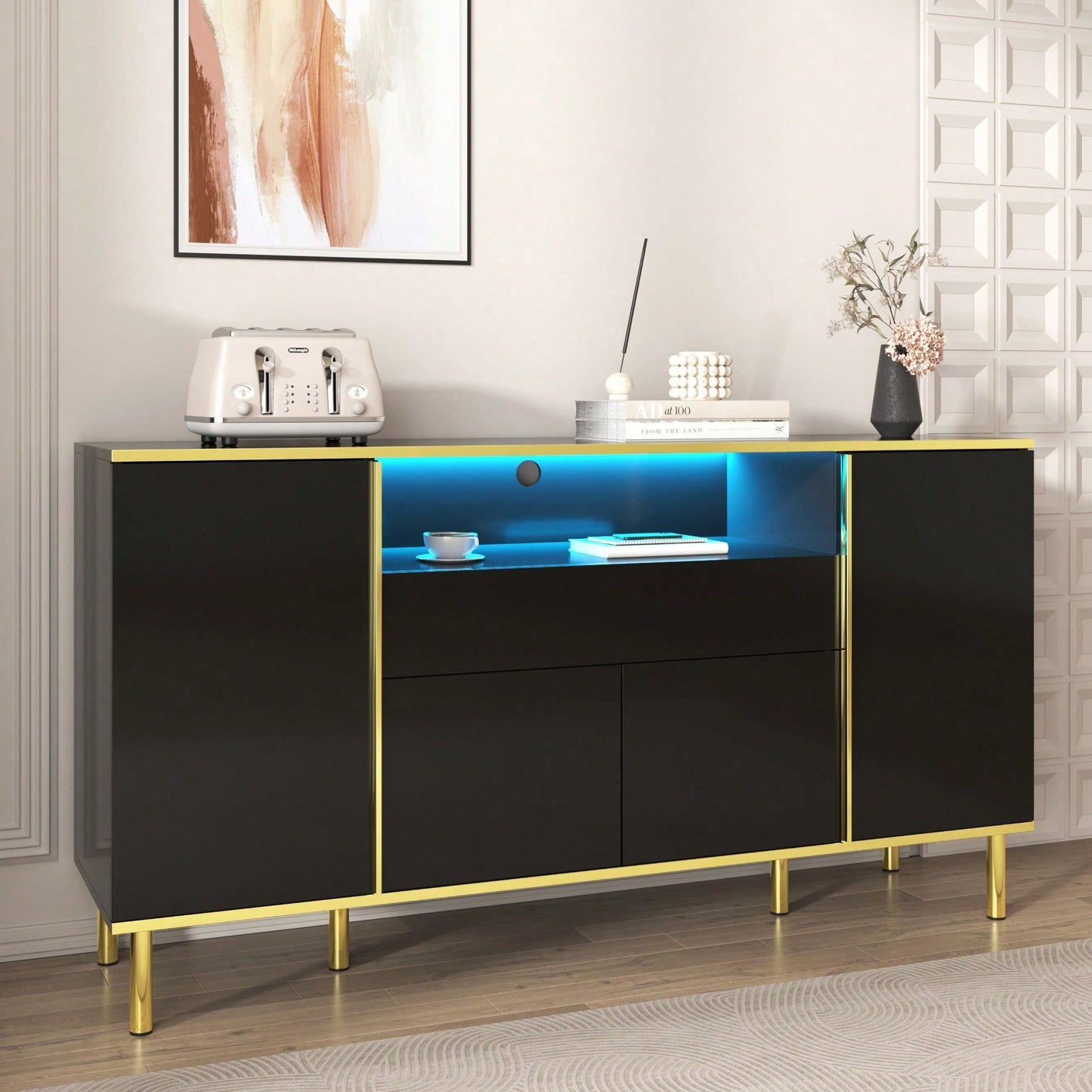 Sideboard, hochglänzende schwarze Kommode mit 1 Schublade, Kommode, Schlafzimmerkommode, hochglänzendes schwarzes Sideboard – B150/T40/H80cm