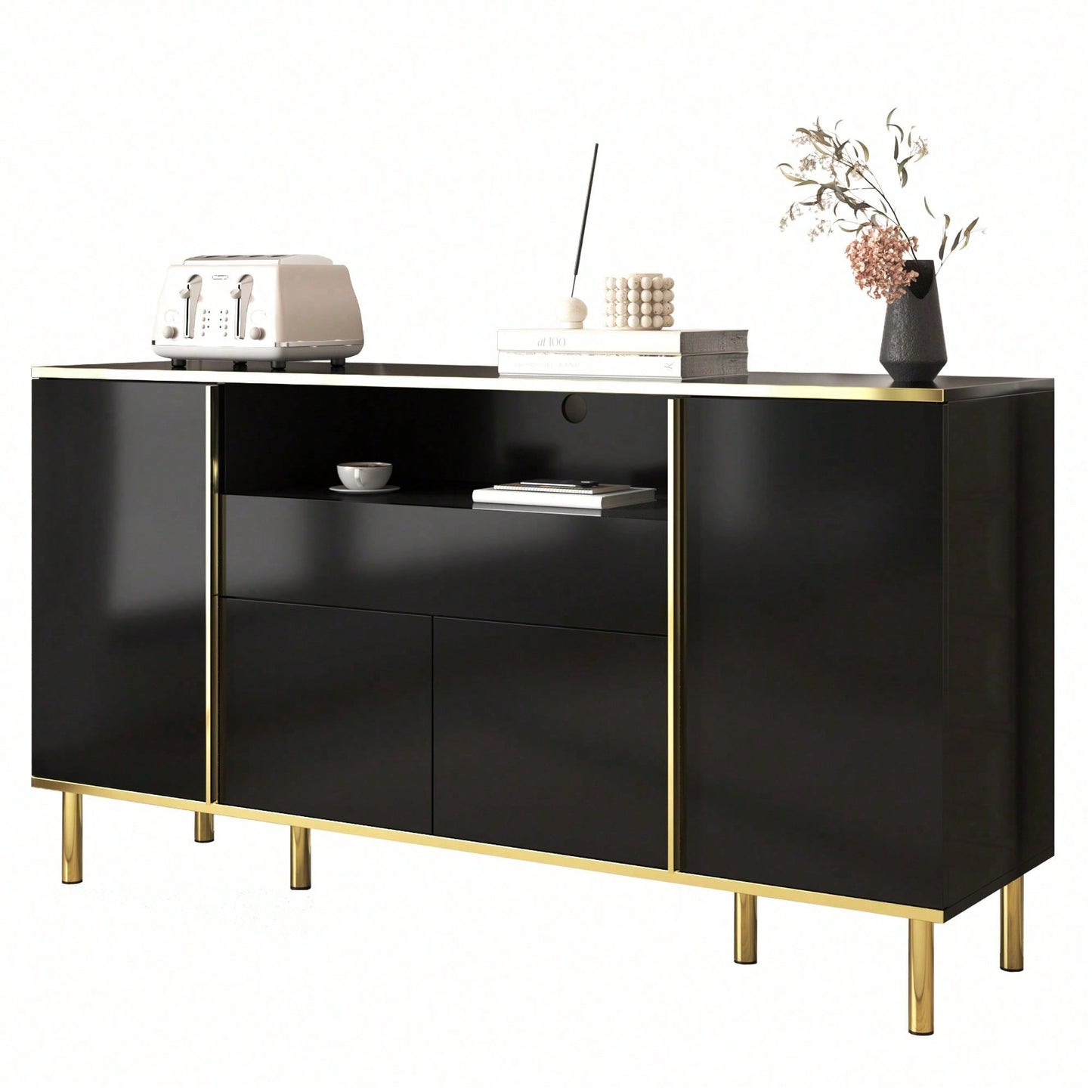 Sideboard, hochglänzende schwarze Kommode mit 1 Schublade, Kommode, Schlafzimmerkommode, hochglänzendes schwarzes Sideboard – B150/T40/H80cm