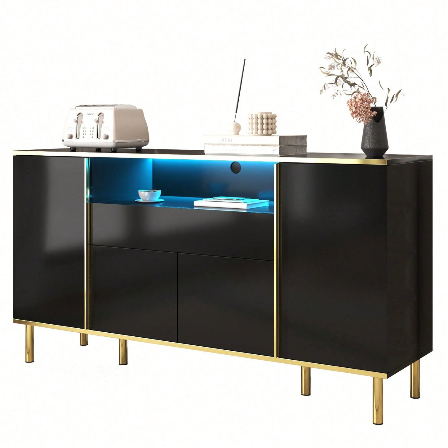 Sideboard, hochglänzende schwarze Kommode mit 1 Schublade, Kommode, Schlafzimmerkommode, hochglänzendes schwarzes Sideboard – B150/T40/H80cm